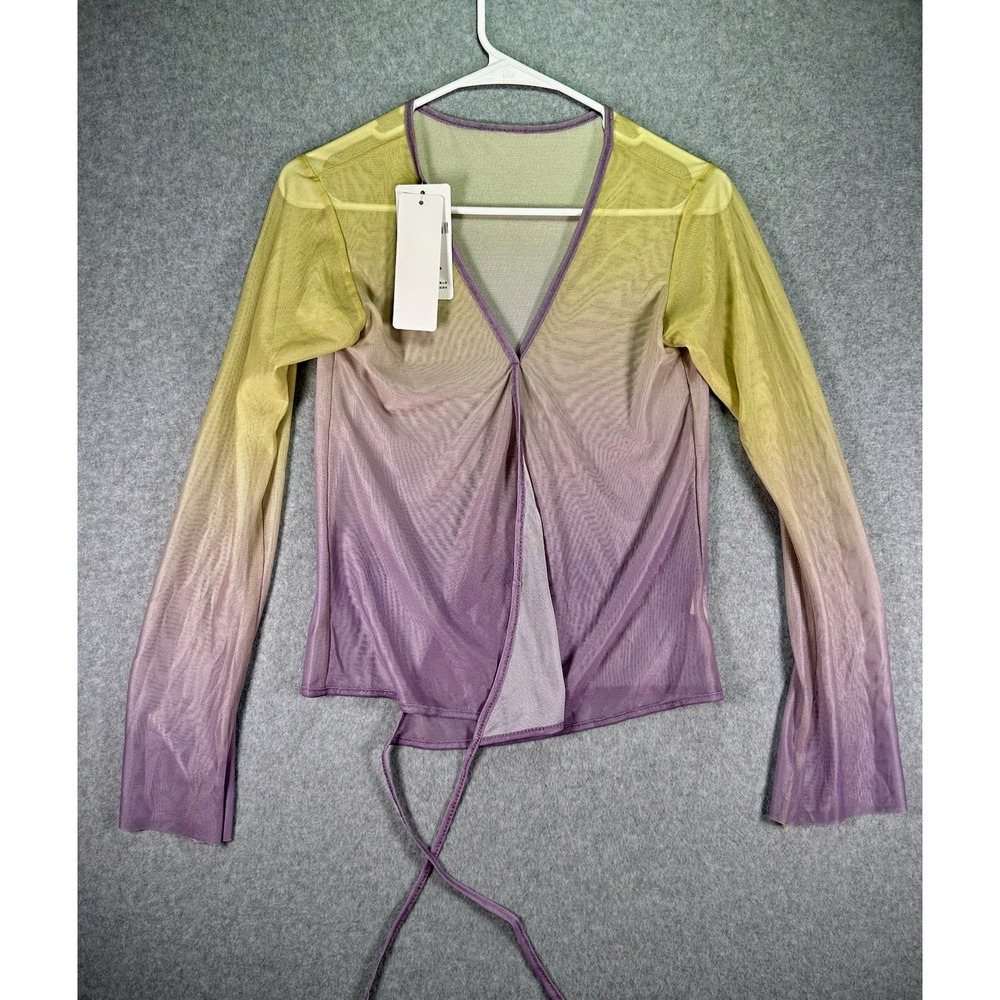 Womens Sheer Mesh Gradient Wrap Top Tie Front V-Neck Long Sleeve Purple Yellow